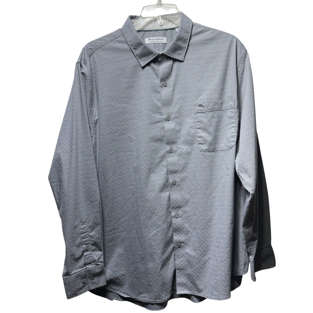 Tommy Bahama Sarasota Stretch Mens XXL Grey White Grid Long Sleeve Button Shirt - Picture 12 of 15